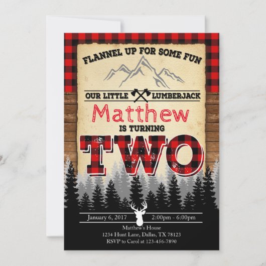 Flannel Lumberjack Birthday Party Invitation Two Kaart (Voorkant)