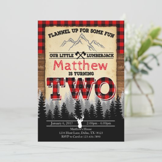 Flannel Lumberjack Birthday Party Invitation Two Kaart (Staand voorkant)