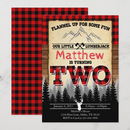 Flannel Lumberjack Birthday Party Invitation Two Kaart (Voorkant / Achterkant)
