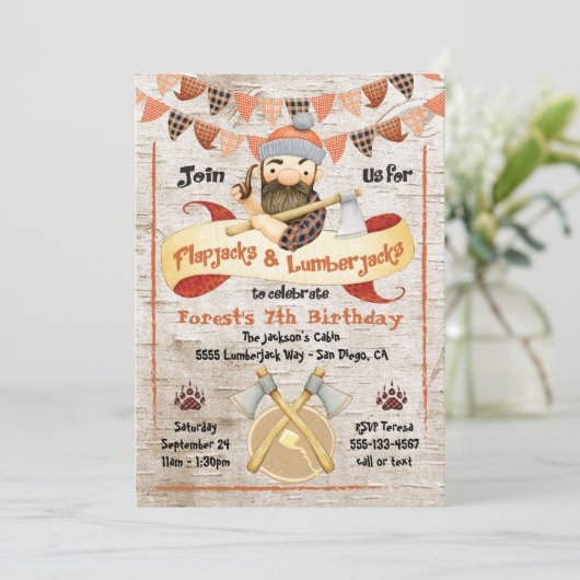 Flapjacks en Lumberjacks verjaardagsfeestje uitnod Kaart (Staand voorkant)