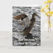 Flappende Mallard Duck Funny Birthday Kaart (Gele Bloem)