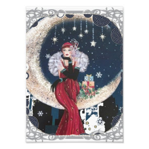  Flapper Art Deco Woman op de maan van de Halve Ma Foto Afdruk