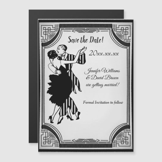 Flapper Couple Save the Date Magnetic Card Magnetische Uitnodiging (Voorkant / Achterkant)
