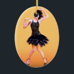 Flapper Dancing  Keramisch Ornament<br><div class="desc">Stap in de brullende jaren 1920 met dit ontwerp met een glamoureuze vrouw in een zwarte flapperjurk, dansend in de schijnwerpers tegen een gedurfde oranje achtergrond. Geïnspireerd door de elegantie, mode en energie van de jaren twintig, legt deze retro-kunst de grote sfeer van het jazztijdperk vast. Een perfect idee voor...</div>