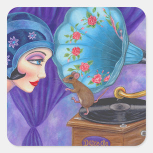 Flapper Girl Roaring Twenties Mouse Gramophone Vierkante Sticker