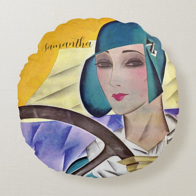Flapper in Paarse Pet (PERSONALISEREN) Rond Kussen (Voorkant)