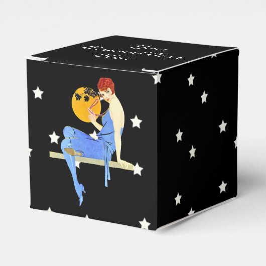 Flapper Lady Red Hair Blue Dress op Shelf Moon Bedankdoosjes (Voorkant Zijde)