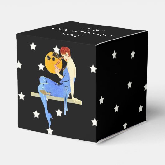 Flapper Lady Red Hair Blue Dress op Shelf Moon Bedankdoosjes (Achterkant)