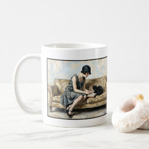 Flapper leest een boek met een zwarte kat Literatu Koffiemok