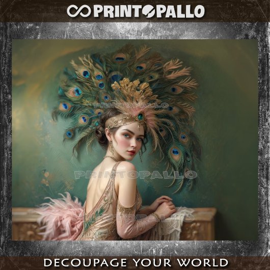 Flapper meisje in 1920 met enorme pauw veer pet tissuepapier