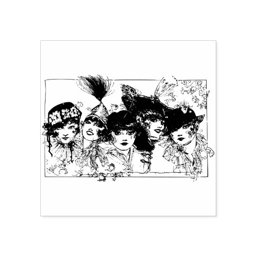 Flapper meisjes met petten rubberstempel (Afrduk)