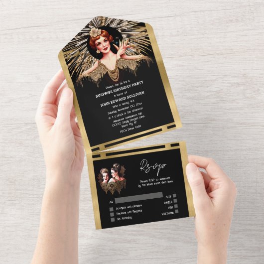 Flapper meisjes zwart goud 1920 Gatsby diner party All In One Uitnodiging (Afscheurbaar)