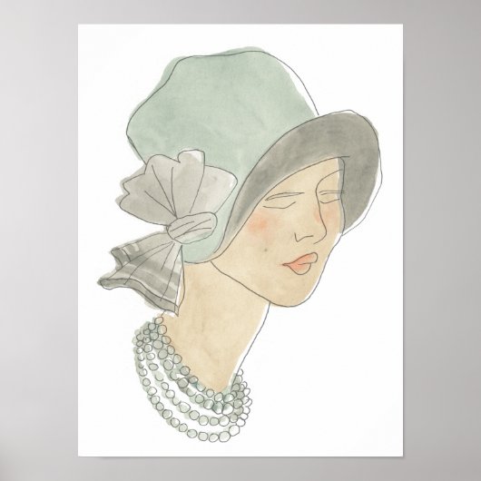 Flapper Mode Sketch - Vrouw met Pet Poster (Voorkant)