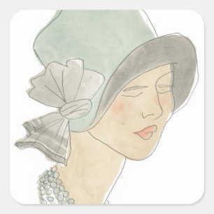 Flapper Mode Sketch - Vrouw met Pet Vierkante Sticker