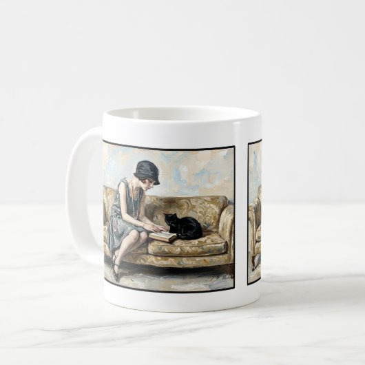 Flapper Reading a book with a black cat Literature Koffiemok (Voorkant links)