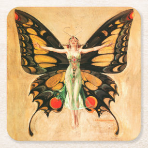 Flapper Vlinder Leyendecker Vrouw Illustratie Kartonnen Onderzetters