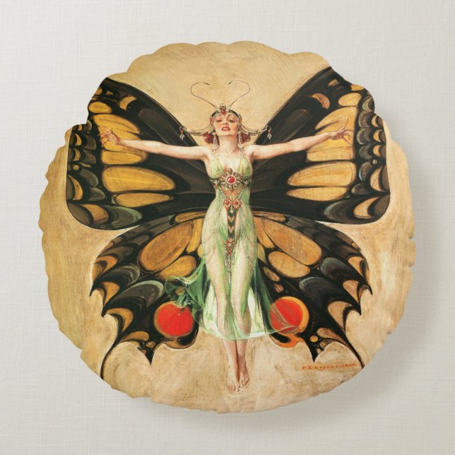 Flapper Vlinder Leyendecker Vrouw Illustratie Rond Kussen (Voorkant)