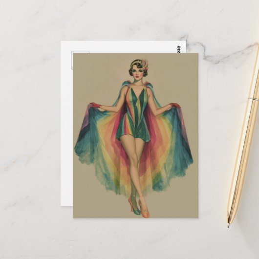 Flapper Vrouw in een regenboogcape en jurk Briefkaart (Voorkant / Achterkant in situ)