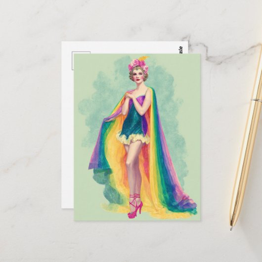 Flapper Vrouw in een regenboogkaap Briefkaart (Voorkant / Achterkant in situ)