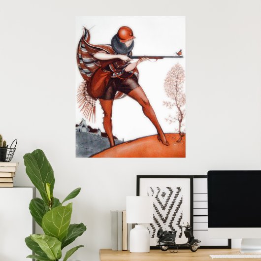 Flapper Woman in Cloche Hat Bird Hunting Poster (Thuiskantoor)
