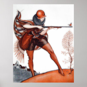 Flapper Woman in Cloche Hat Bird Hunting Poster