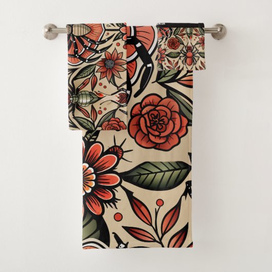 Flash Tattoo Spider Bloemen Aangepast Patroon Bad Handdoek (Insitu)