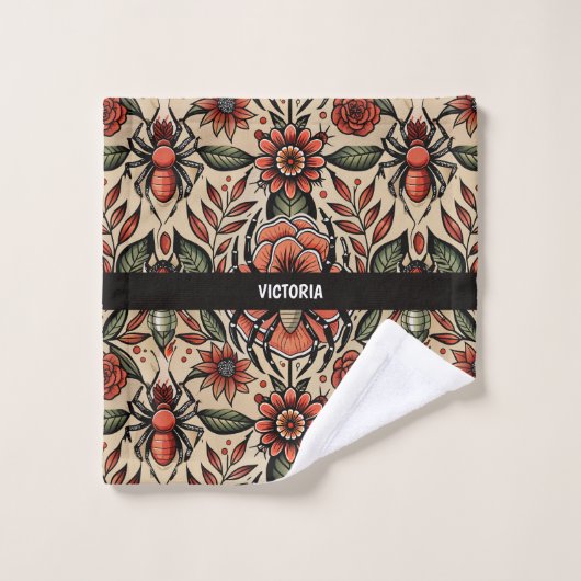 Flash Tattoo Spider Bloemen Aangepast Patroon Bad Handdoek (Wasdoekje)