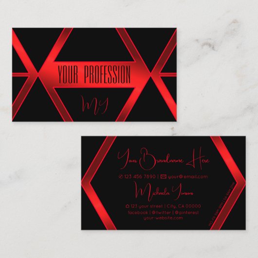 Flashy Black Geometric Shimmery Red met Monogram Visitekaartje (Voorkant / Achterkant)