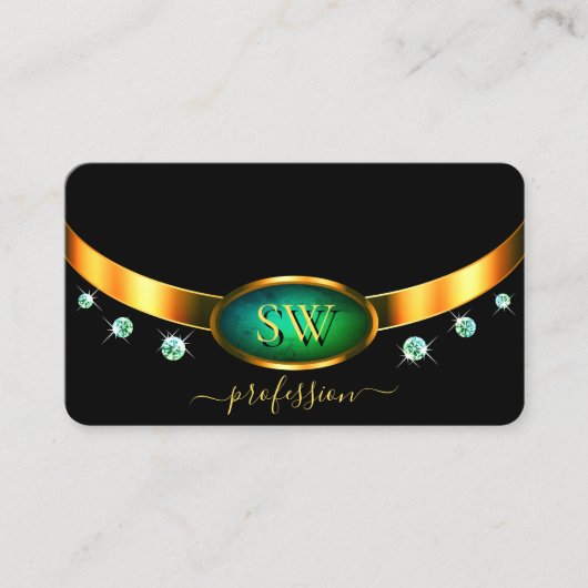 Flashy Black Gold Blauwgroen Marble Monogram Diamo Visitekaartje (Voorkant)