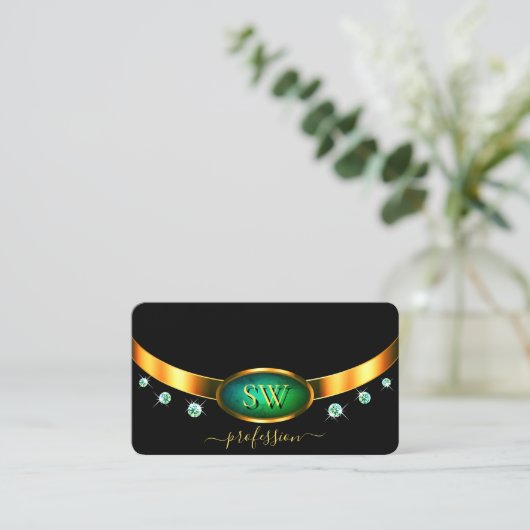 Flashy Black Gold Blauwgroen Marble Monogram Diamo Visitekaartje (Staand voorkant)