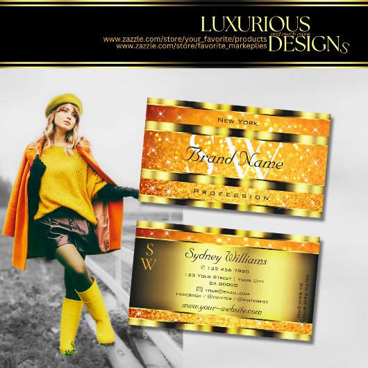 Flashy Gold Oranje gradiënt Glitter Stars Initiale Visitekaartje