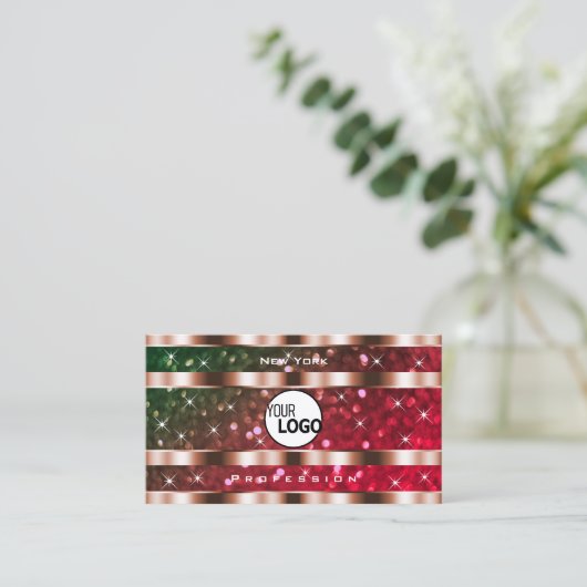 Flashy Green Pink Glitter Stars Roos Gold en Logo Visitekaartje (Staand voorkant)