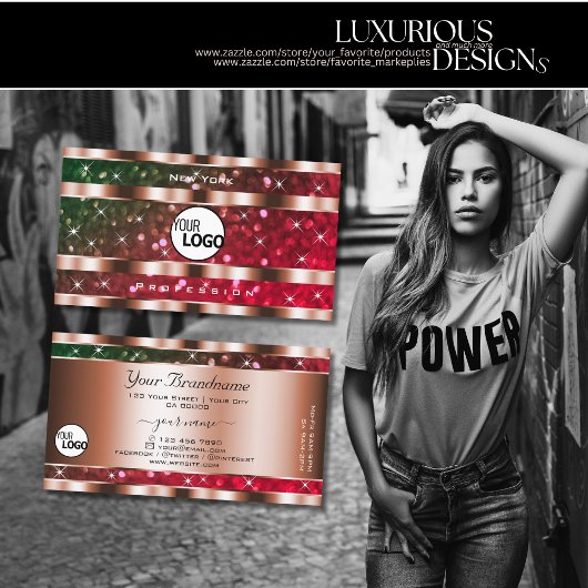 Flashy Green Pink Glitter Stars Roos Gold en Logo Visitekaartje