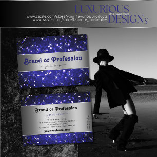 Flashy Royal Blue Glitter Sparkle Stars Silver Visitekaartje