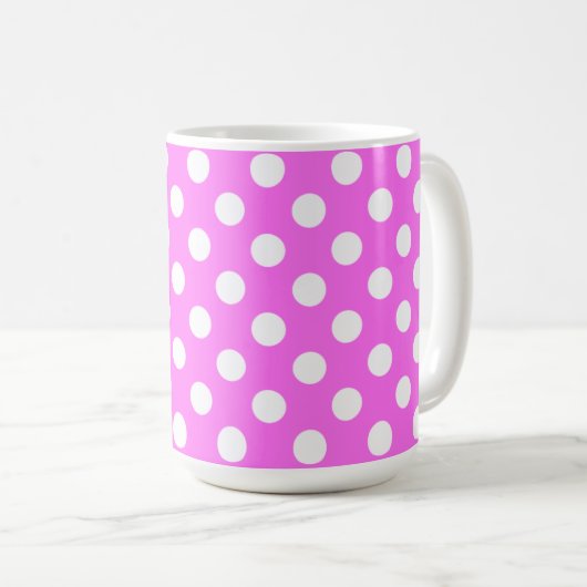 Flashy roze en Big White Polka Dots Koffiemok (Voorkant rechts)