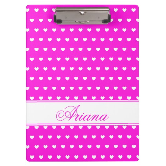 Flashy roze met Cute White Hearts, aangepaste naam Klembord (Voorkant)