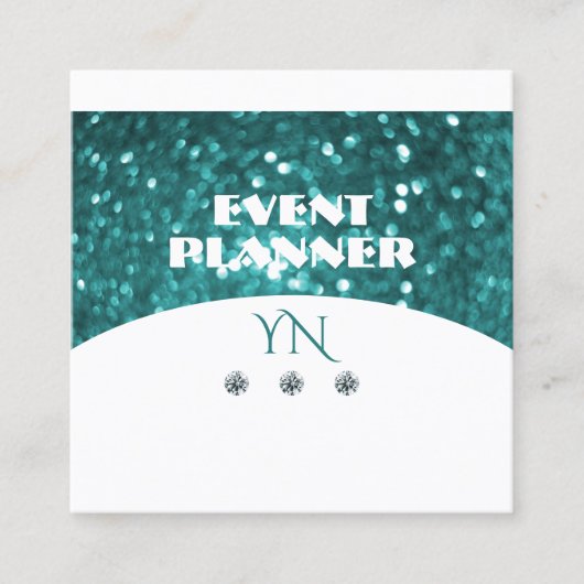 Flashy White Blauwgroen Sparking Glitter met Monog Vierkante Visitekaartje (Voorkant)