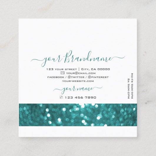 Flashy White Blauwgroen Sparking Glitter Professio Vierkante Visitekaartje (Achterkant)
