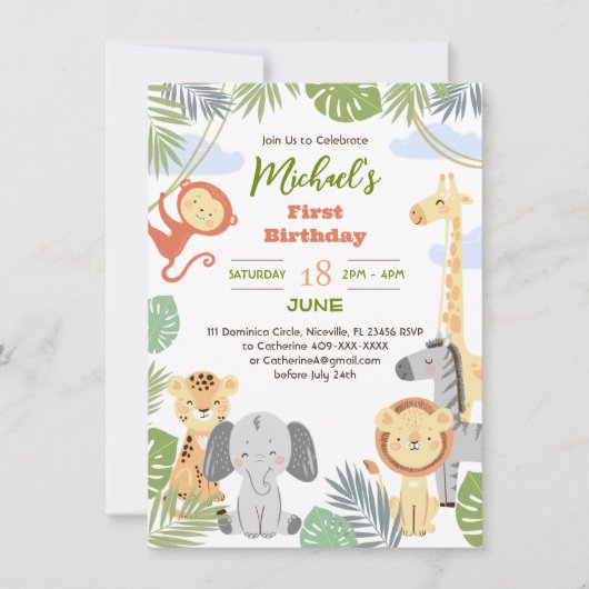 Flat 1e verjaardag uitnodiging met van schattige d (Voorkant)