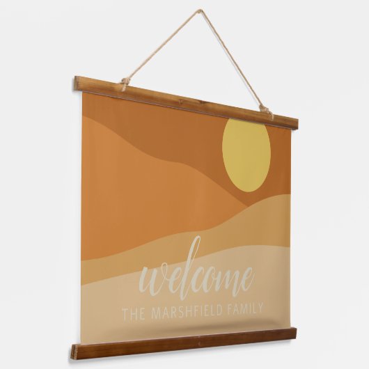 Flat Boho Mountain Sunset Desert Welkom Hangend Wandkleed (Gebogen)