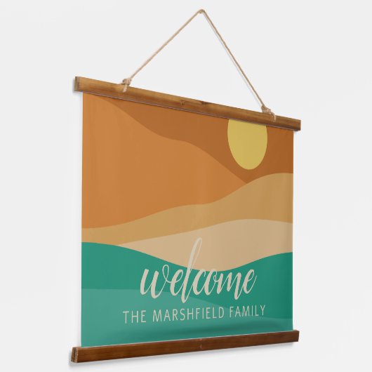 Flat Boho Mountain Sunset Desert Welkom Hangend Wandkleed (Gebogen)