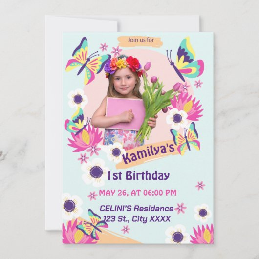 Flat Butterfly Birthday-uitnodiging met foto Kaart (Voorkant)