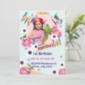 Flat Butterfly Birthday-uitnodiging met foto Kaart (Staand voorkant)