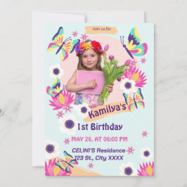 Flat Butterfly Birthday-uitnodiging met foto Kaart
