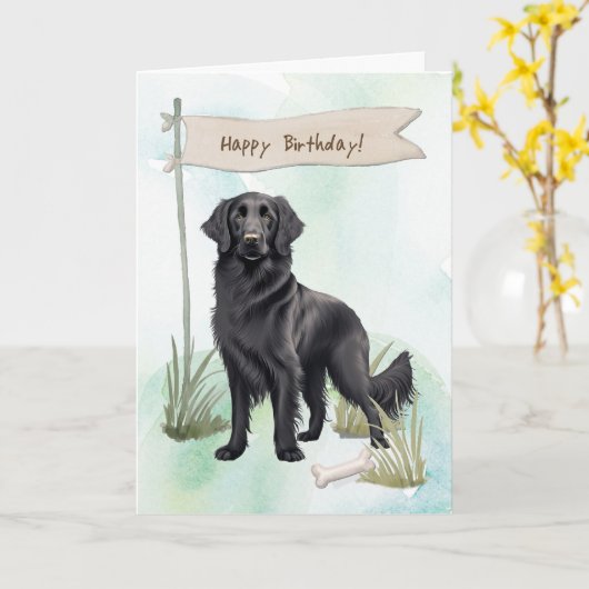 Flat Coated Retriever Dog Under Birthday Sign Kaart (Gele Bloem)