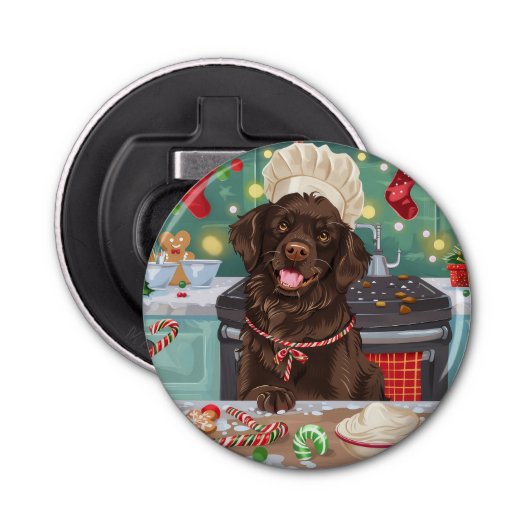 Flat-Coated Retriever Holiday Baking: Kerstmis Button Flesopener (Voorkant)