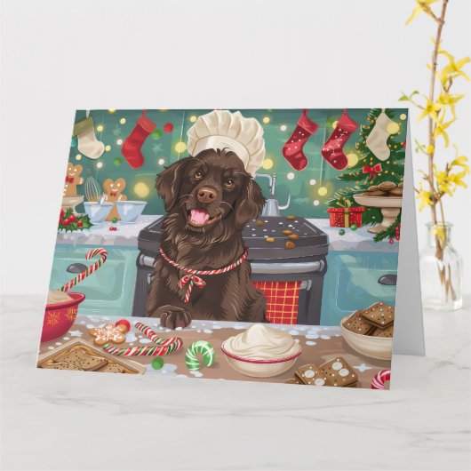 Flat-Coated Retriever Holiday Baking: Kerstmis Kaart (Gele Bloem)