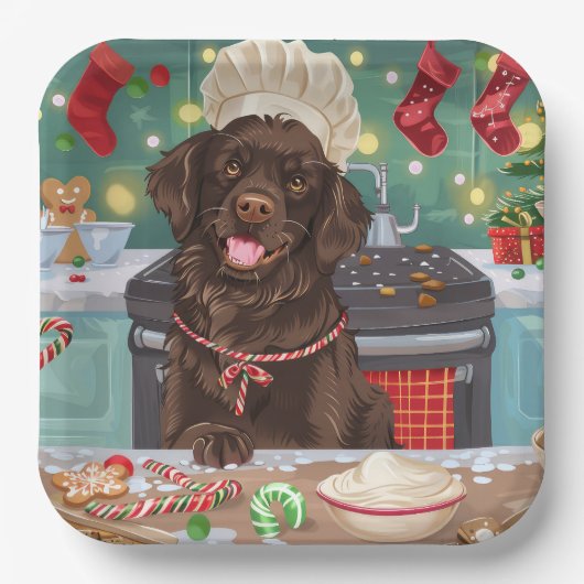 Flat-Coated Retriever Holiday Baking: Kerstmis Papieren Bordje (Voorkant)