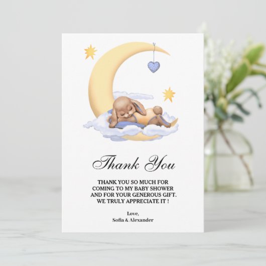 Flat Dank u Baby shower Kaart met konijntje. (Staand voorkant)