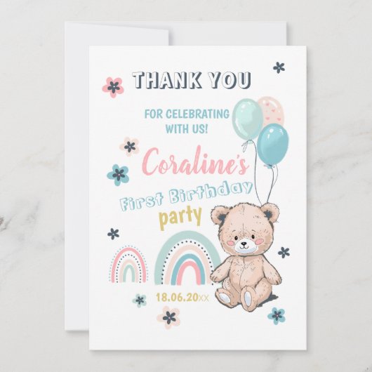 Flat Dank u kaarten voor 1e verjaardag. (Voorkant)